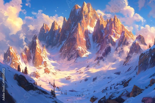 Snow covered mountain peaks glowing golden sunlight with a clear blue sky and soft clouds below