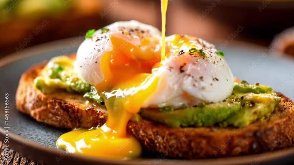 Fork cuts soft poached egg on avocado toast as yolk flows. Slow motion. 4K.
