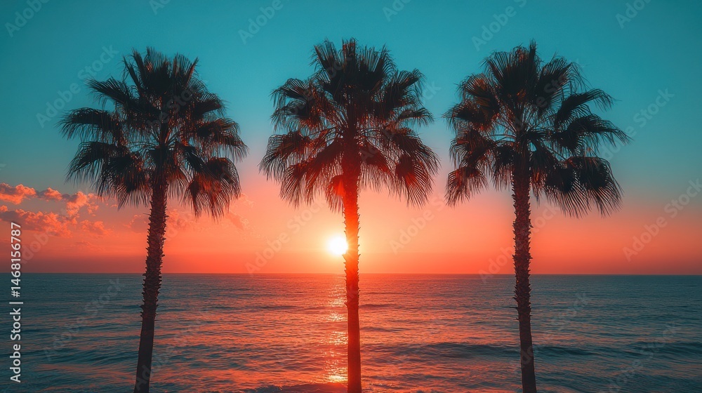 Obraz premium Three Palm Trees Silhouetted Against a Vibrant Sunset Over the Ocean