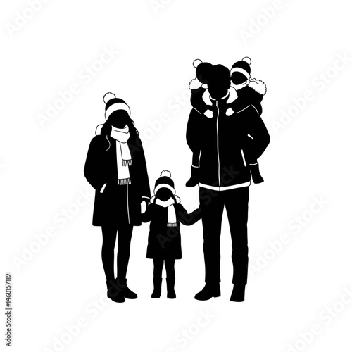 Silhouette of Family in Winter Clothes with Three Children