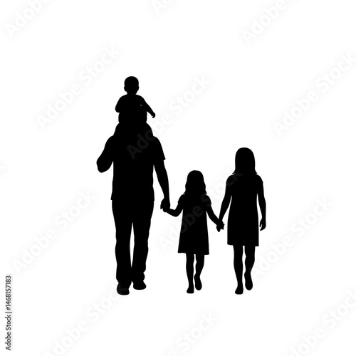 Silhouette of Father with Three Children, One on Shoulders