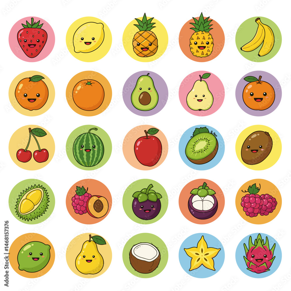 Set of 25 Cute Cartoon Fruit Icons with Faces in Circles Set of 25 Cute Cartoon Fruit Icons with Faces in Circles