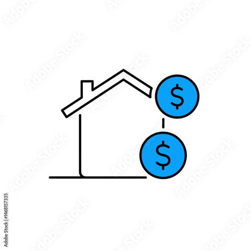 House financing icon with dollar coins, real estate costs symbol