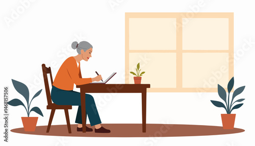 Elderly woman writing in journal at wooden table, reflection and tranquility