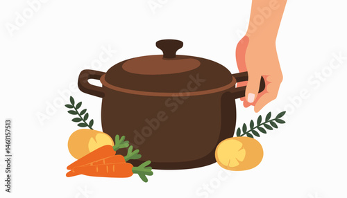 Elderly hand holding vintage cooking pot with vegetables, culinary art