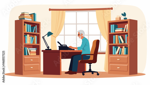 Elderly man writing at home office desk, creativity and nostalgia