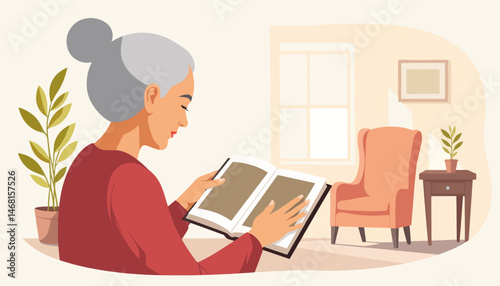 Elderly woman reading in cozy room, nostalgia and memories