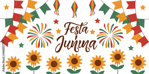 Colorful Festa Junina festival illustration featuring traditional Brazilian June party elements. Perfect for festive designs, invitations, banners, and event promotions