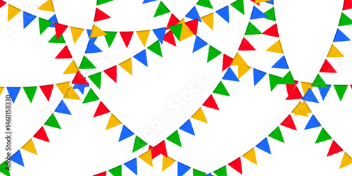 Red, green, yellow and blue flag garland. Triangle pennants chain. Festa Junina party decoration. Celebration flags for decor
