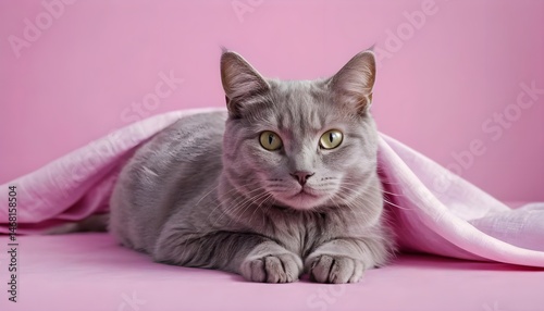 Grey Cat Under Pink Blanket