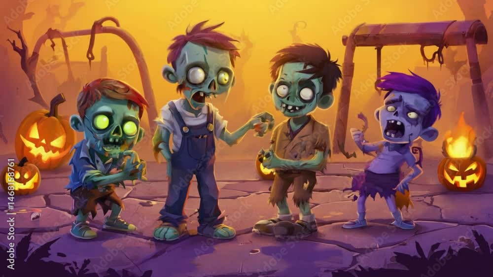 Four cartoon zombie kids standing near jack o lanterns on a halloween themed background scene