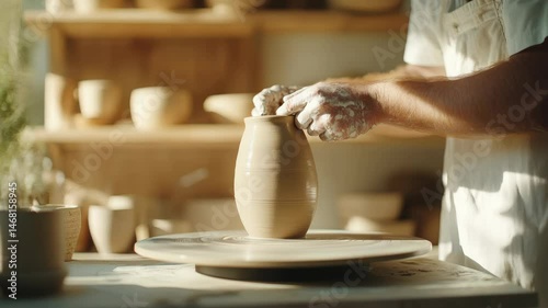An Artisan Skillfully Creating a Beautiful Pottery Vase on a Potters Wheel with Careful Attention