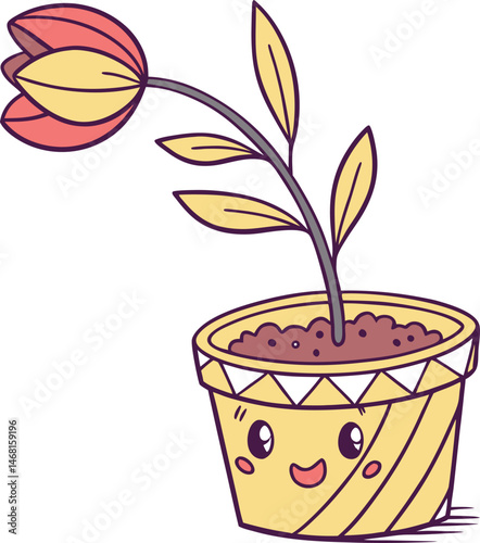 Smiling Flower in a Pot: Charming illustration of a cartoon flower smiling in a pot, radiating joy and serenity. The vibrant colors and simple design create a visual harmony, perfect for any project.