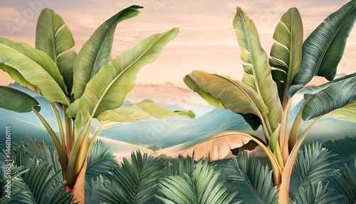 banana tree wallpaper design with pastel tones tropical landscape mural art