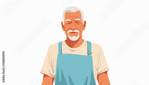 Elderly man smiling in blue apron against white background, simplicity