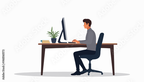 Focused individual working at minimalist desk in modern workspace, productivity