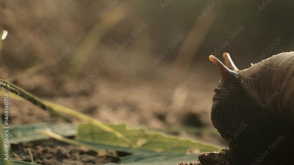 un escargot sort la tête de sa coquille  pour courir à toute vitesse vers une feuille à manger situer non-loin (1)