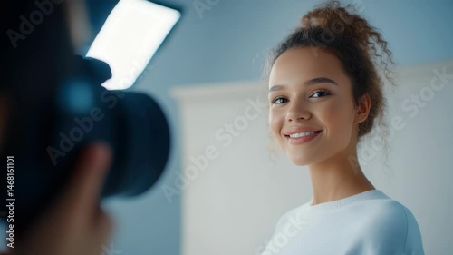 A Young Woman Elegantly Posing for a Creative Photoshoot in a Professional Studio Environment