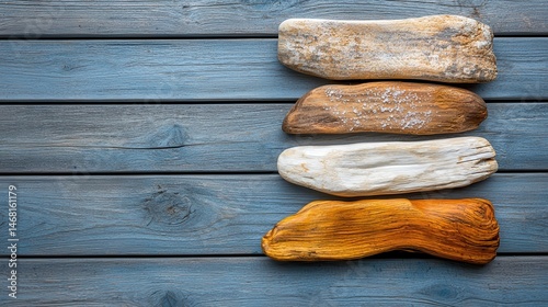 Coastal driftwood pieces collected from shoreline showing organic color spectrum from sun-bleached white to rich amber, displayed on rustic blue-gray wooden surface with natural grain texture