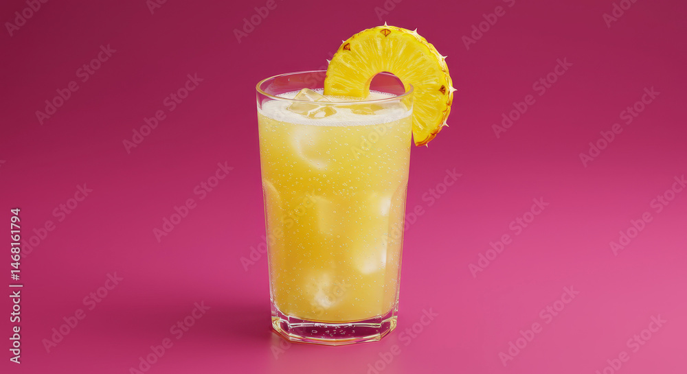 Yellow Cocktail With Pineapple Slice And Sugar Rim Against Pink Background Yellow Cocktail With Pineapple Slice And Sugar Rim Against Pink Background