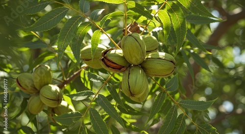 Pecan Nuts Growing on Tree Branch with Green Leaves in Sunlight