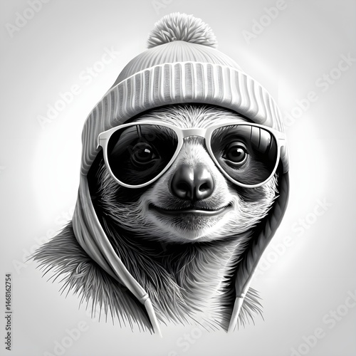 Cool Sloth in Winter Hat and Sunglasses