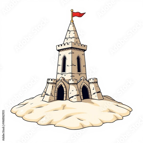 Detailreiche Zeichnung einer Sandburg mit Türmen und roter Fahne auf weißem Hintergrund – perfekt für Sommer- und Kinderthemen.