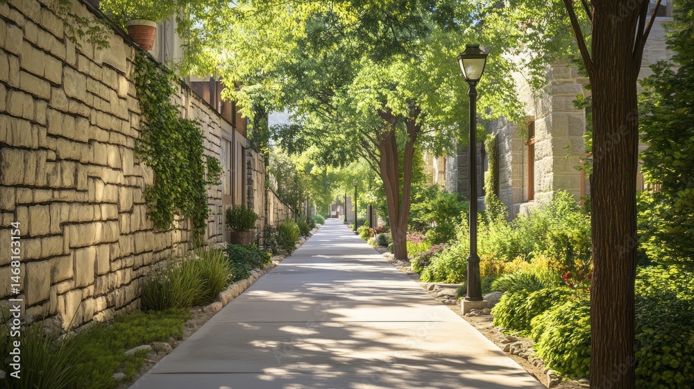 Sunny walkway between stone walls, lush greenery, urban oasis Sunny walkway between stone walls, lush greenery, urban oasis