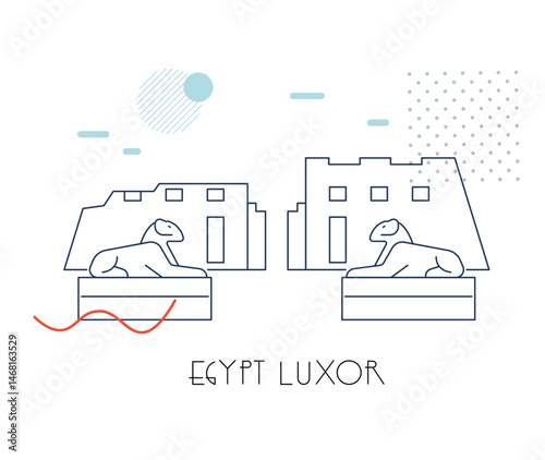 The Karnak Temple - Elements Pylon , Ram Headed Sphinx - Luxor, Egypt - Stock Illustration