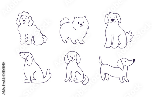 Cute doodle cartoon mascot dogs in flat simple linear style