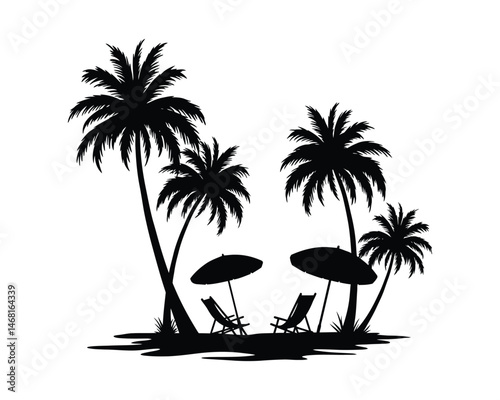 Summer Getaway Silhouette of Palm Trees, Beach Umbrella, and Recliners for Nature Lovers
