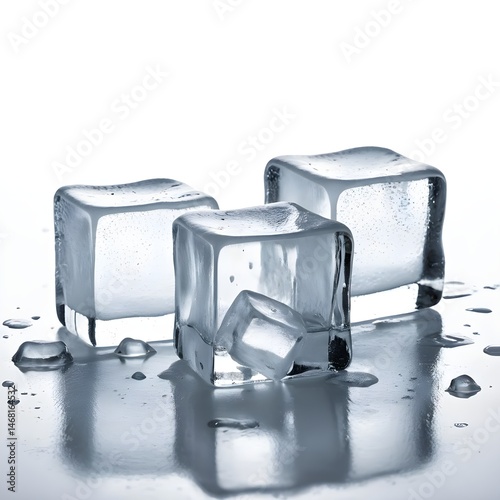 Three Ice Cubes Melting on Reflective Surface