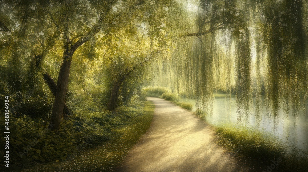 Fototapeta premium Sunlit Path Through Willow Trees by a Pond