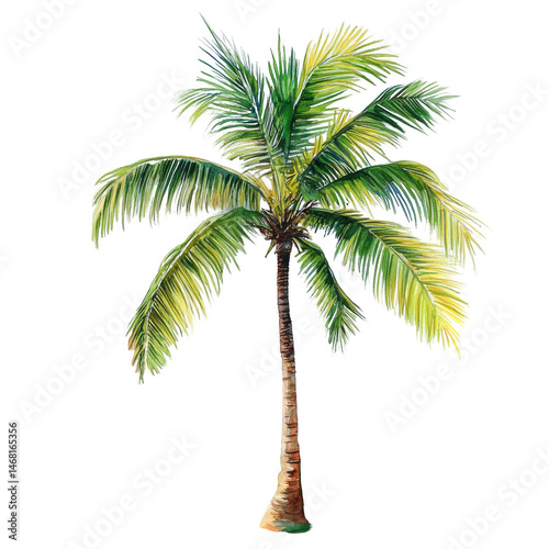 Single tropical palm tree watercolor painting illustration sea sun sky art on transparent background