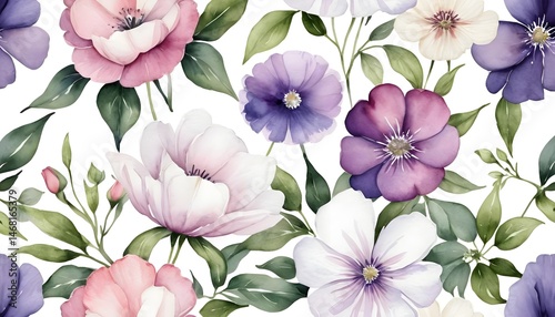 Watercolor Seamless Pattern of Pastel Flowers