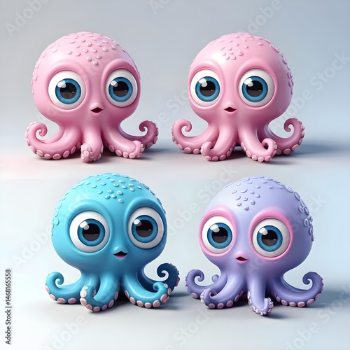 Cute Cartoon Octopuses - Pink, Blue, Purple - Set of Four