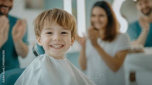 A Joyful Child Celebrating a Haircut with a Supportive Family and Friends All Around