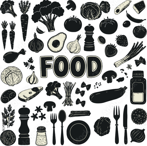 Rustic Food & Kitchen Linocut Vector Set - Hand-Drawn Ingredients & Utensils (EPS)