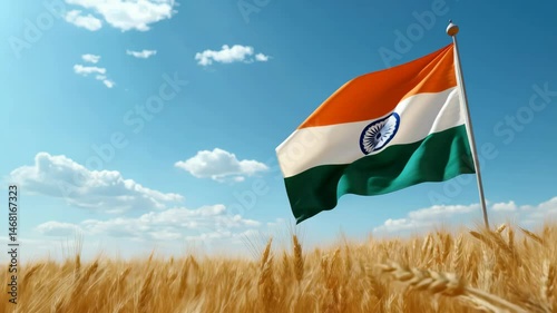 A Vibrant Indian Flag is Waving Proudly Over Expansive Golden Wheat Fields Under a Blue Sky