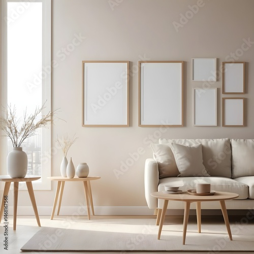 Modern Minimalist Living Room Interior Design with Blank Frames