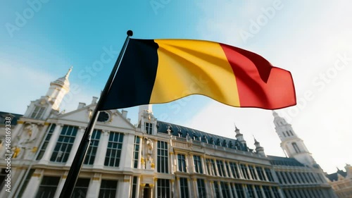 Proudly waving the Belgium flag in a stunning historic cityscape, highlighting its charm