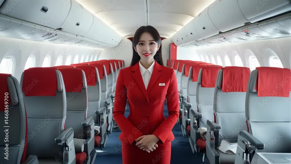 Flight attendant welcomes passengers on a commercial airplane interior during boarding process