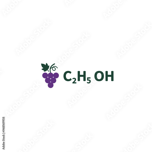 Vector icon of grapes with C two H five O H, the chemical formula for ethanol or ethyl alcohol. Symbolizes wine, alcoholic beverages, fermentation, oenology, and organic chemistry of alcohols