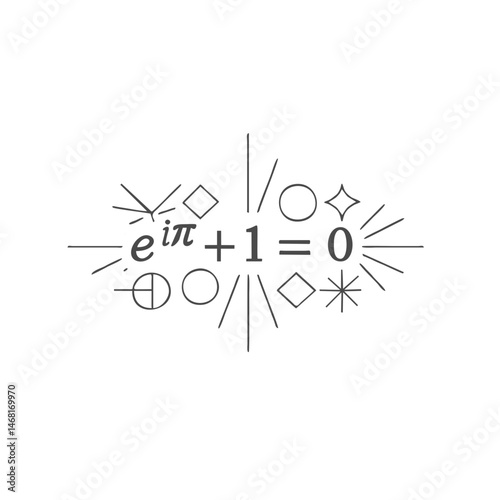 Eulers identity, e to i pi plus one equals zero, in a dynamic design with abstract radiating shapes. Represents profound mathematical beauty, insight, and the interconnectedness of core constants