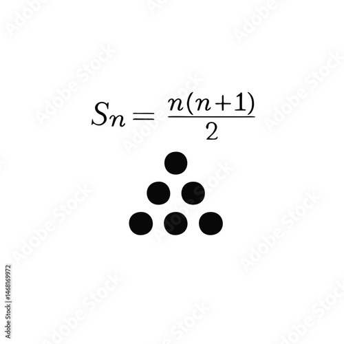 Vector icon of the formula for sum of integers or triangular numbers, S sub n equals n times n plus one over two, with a dot pattern. Illustrates mathematical beauty in series and number theory