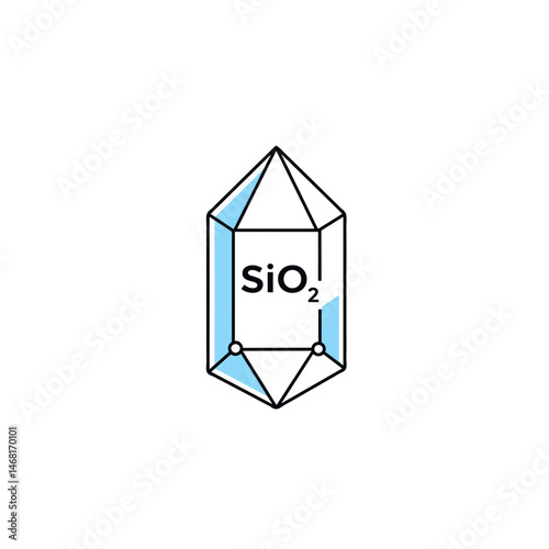 Stylized vector icon of a crystal with the chemical formula for silicon dioxide, representing quartz. Ideal for chemistry, geology, materials science, and educational visuals on minerals or chemical