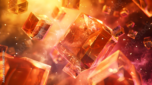 Floating translucent cubes with orange and yellow light emanating from a cosmic background scene