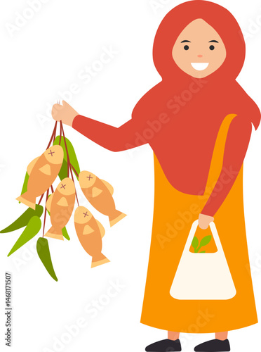 Smiling woman in hijab holding fresh fish and a shopping bag, an illustration of daily life.