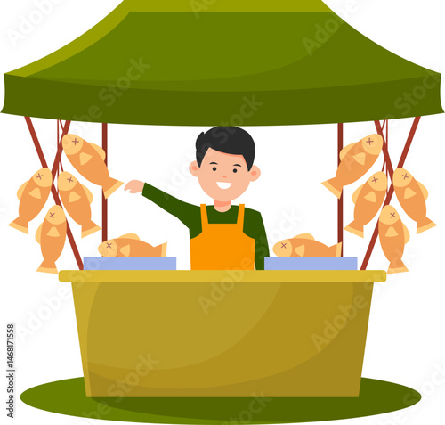 A smiling fish vendor selling fresh fish at a market stall with a green canopy.