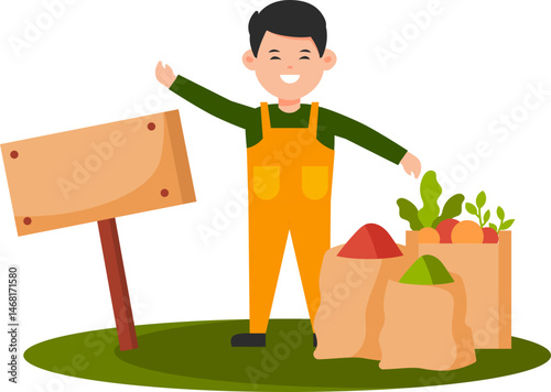 A smiling farmer stands next to a blank wooden sign and bags of produce and colorful powders on green grass.